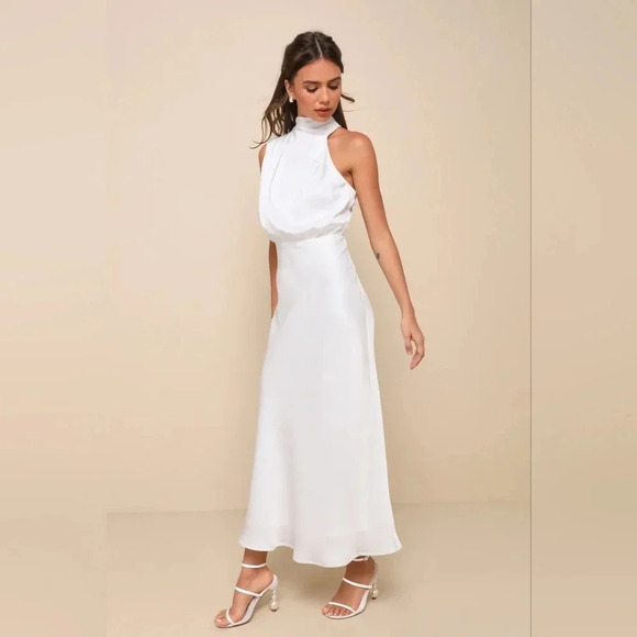 Lulus Distinctive Charm White Satin Asymmetrical Midi Dress Party Bridal Prom - Picture 3 of 9